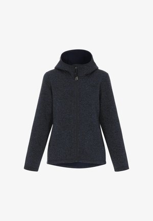 Dunkelblaue Zip-Jacke aus strukturiertem Stoff mit Kapuze und langen Ärmeln. Frontreißverschluss und leicht verlängertem Rückensaum.