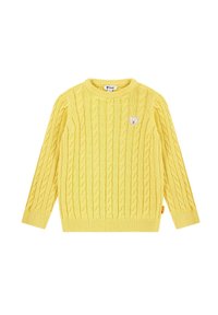 Maglione giallo lavorato a maglia con un motivo a trecce testurizzato, collo rotondo, maniche lunghe e un piccolo patch a forma di orsetto sul petto.