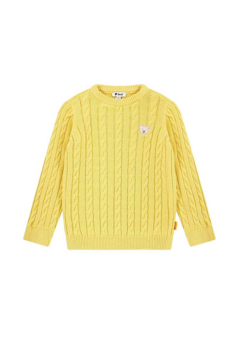 Maglione giallo lavorato a maglia con un motivo a trecce testurizzato, collo rotondo, maniche lunghe e un piccolo patch a forma di orsetto sul petto.