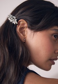 Silberner Haarklammer mit blattförmigem Design, verziert mit klaren Edelsteinen, getragen im dunklen Haar, betont das Ohr und das Seitenprofil.