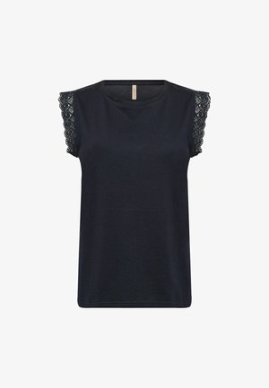 Haut noir sans manches avec encolure ronde et détails en dentelle sur les épaules sur fond blanc.