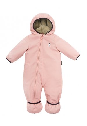 Combinaison de neige rose pour bébé avec capuche, fermeture éclair à l’avant, poignets élastiqués aux poignets et aux chevilles, et doublure beige douce à l’intérieur de la capuche.