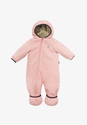Combinaison de neige rose pour bébé avec capuche, fermeture éclair à l’avant, poignets élastiqués aux poignets et aux chevilles, et doublure beige douce à l’intérieur de la capuche.