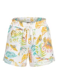 Shorts blancs avec un motif coloré de feuilles tropicales en jaune, vert et rose. Taille élastique avec cordon de serrage et revers roulés.
