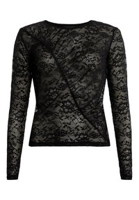 Haut noir à manches longues en dentelle avec motif floral et design croisé diagonal, tissu semi-transparent et encolure ronde.