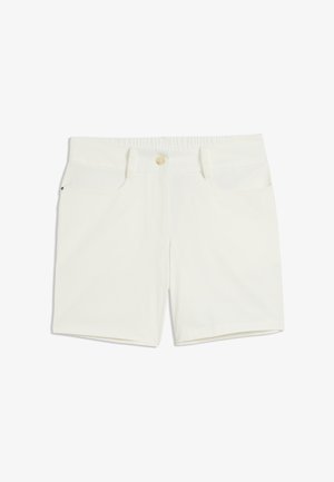 Shorts blancos para mujer con botón frontal, ojalillos para cinturón y bolsillos, mostrados extendidos sobre un fondo blanco.