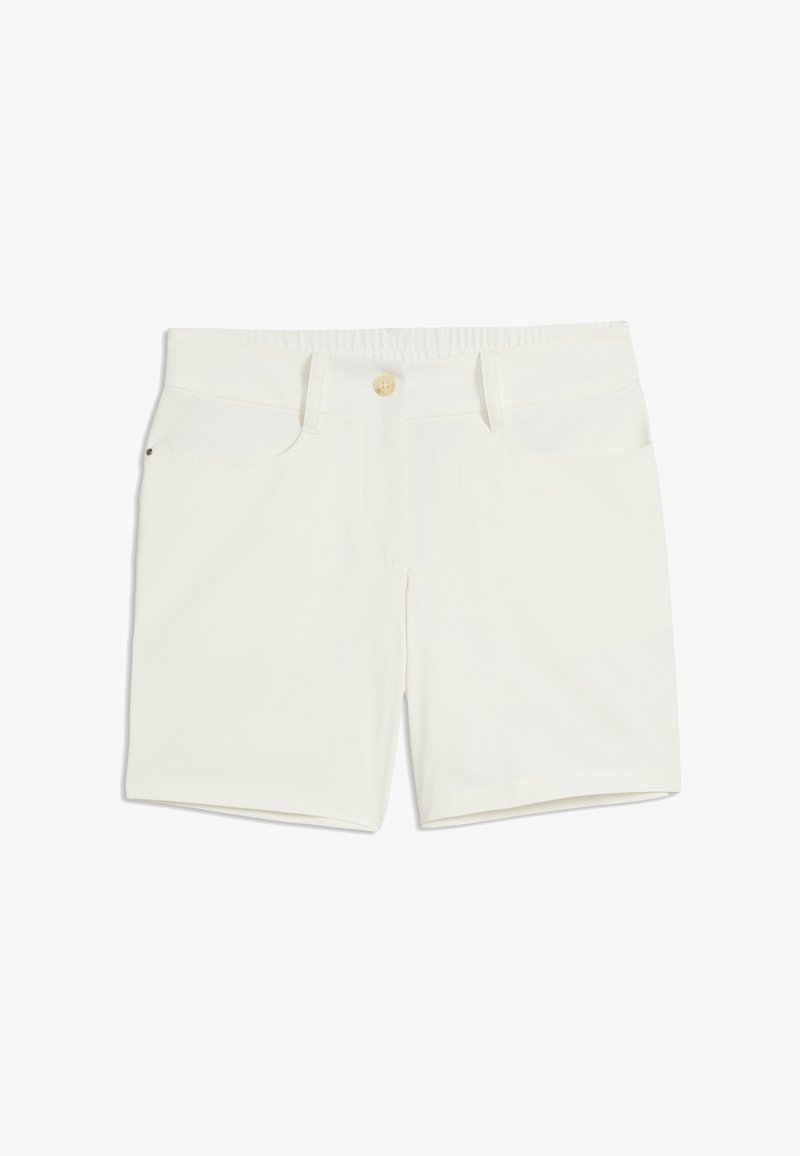 Λευκά γυναικεία σορτς με κουμπί στην πρόσοψη, θηλιές για ζώνη και τσέπες, τοποθετημένα επίπεδα σε λευκό φόντο.
