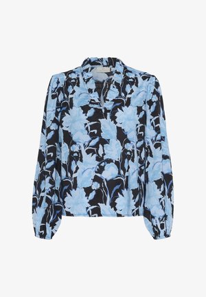 Črno majico z dolgimi rokavi z nežnim cvetličnim vzorcem v svetlo modri barvi in nabranimi elastičnimi manšetami, ki ima V-izrez z volančastim ovratnikom.