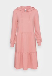 Langemouwige capuchonjurk van zachtroze stof, met een gelaagd rokontwerp, elastische manchetten en koordjes bij de halslijn.