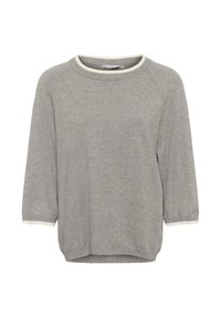 Svetlo sivi pleteni pulover s tremi četrtinami rokavov in belimi robovi na vratu ter zapestjih, prikazan na belem ozadju.