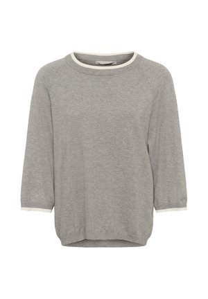 Light gray knit sweater with three-quarter sleeves and white trim on neck and cuffs, displayed against a white background.