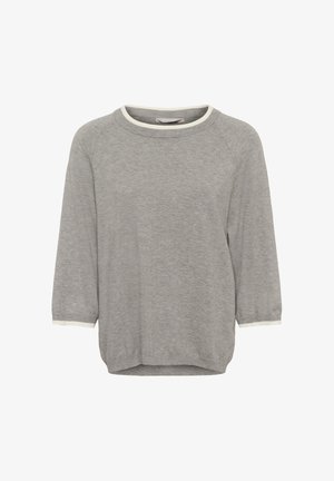 Light gray knit sweater with three-quarter sleeves and white trim on neck and cuffs, displayed against a white background.