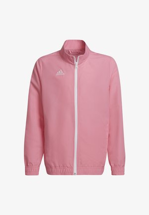 Pink lightweight jacket with a zip front, high collar, elastic cuffs, and waistband. Features white Adidas logo on the upper left.