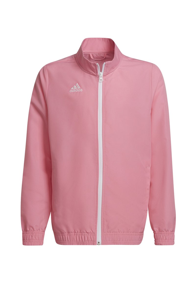 Roze lichtgewicht jack met een ritssluiting aan de voorkant, hoge kraag, elastische manchetten en tailleband. Voorzien van het witte Adidas-logo aan de bovenlinkerkant.