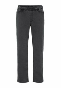 Mustat farkut, joissa on joustava vyötärö ja kiristysnauha, suora lahkeiden muotoilu, jossa on etutaskut ja huomaamattomat ompeluyksityiskohdat.