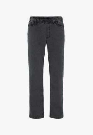 Svarta jeansbyxor med elastisk midja och dragsko, rakbenad design, med framfickor och subtila sömnadsdetaljer.