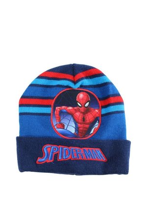 Cappello di maglia blu con strisce rosse e azzurre, con grafica e scritta Spider-Man sul risvolto frontale.