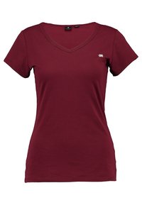 Kvinnors kortärmad V-neck figurnära t-shirt i enfärgad vinröd med en liten vit logotyp på vänster bröst.