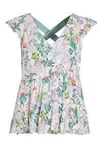 Floral print blouse with a V-neck, ruffled cap sleeves, and a flared waist. Colorful patterns in green, blue, and orange on a white background.