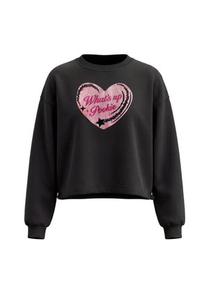 Sort langærmet sweatshirt med ribbet manchet og halsudskæring, med et stort rosa hjerte med "What's up Pookie" tekst og sorte stjernegrafikker.
