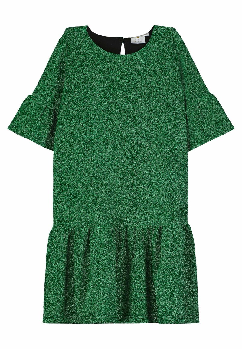Robe pailletée verte avec un décolleté rond, des manches courtes à volants et une texture froncée à l'ourlet. Présente un détail dos avec une ouverture en forme de trou de serrure.