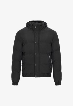 Geacă neagră matlasată cu glugă, prevăzută cu fermoar frontal, capse, manșete elastice și buzunare laterale. Textură netedă și design izolat.