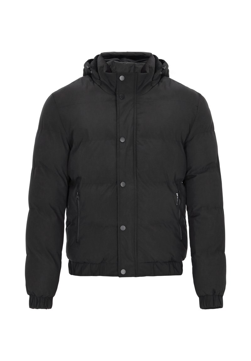 Sort dunjakke med hætte, med lynlås foran, trykknapper, elastiske manchetter og sidelommer. Glat tekstur og isoleret design.