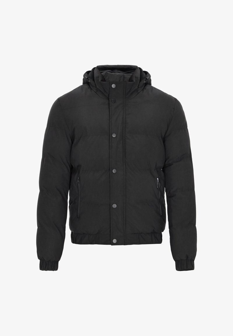 Czarna pikowana kurtka z kapturem, zapinana na suwak i zatrzaski, z elastycznymi mankietami i bocznymi kieszeniami. Gładka faktura i ocieplany design.