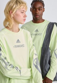 Svijetlozelene majice dugih rukava s grafičkim dizajnom na rukavima. Sadrži Adidas logo i tekst " +TEAMGEIST ". Mekani pamučni materijal.