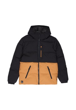 Black and tan padded winter jacket with hood, front zipper, chest pocket with orange zipper, and two angled zippered side pockets.