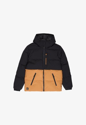Black and tan padded winter jacket with hood, front zipper, chest pocket with orange zipper, and two angled zippered side pockets.