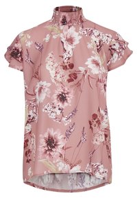 Blusa floreale in tessuto rosa chiaro, con colletto alto arricciato, maniche corte a volant e una stampa di vari fiori e verde.