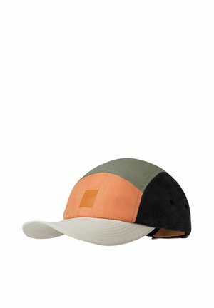 Color-blocked cap with beige visor, orange front panel with logo, olive green top, and black side panels, featuring ventilation eyelets.