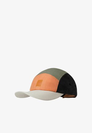 Color-blocked cap with beige visor, orange front panel with logo, olive green top, and black side panels, featuring ventilation eyelets.