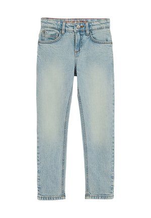 Light blue denim jeans with a faded finish, five-pocket design, belt loops, and a front button closure. Straight leg style.