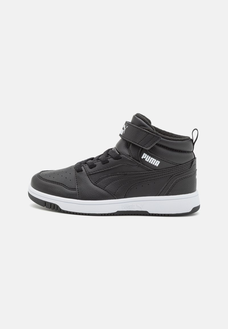 Black high-top sneakers with a synthetic leather upper, padded collar, Velcro strap, and white rubber sole. Features perforated accents.