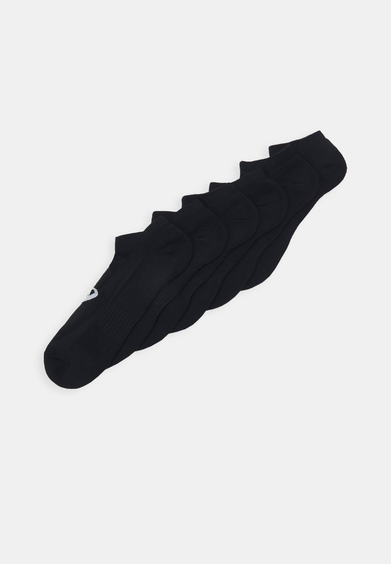 Schwarze Knöchelsocken im 5er-Pack. Jede Socke hat eine glatte Textur und einen gerippten Bund. Einfaches Design ohne Muster oder Akzente.