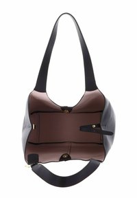 Sac à épaule en cuir bleu marine avec une texture lisse, un intérieur spacieux, une doublure marron et une fermeture à bouton doré. Comprend deux compartiments et une bandoulière.