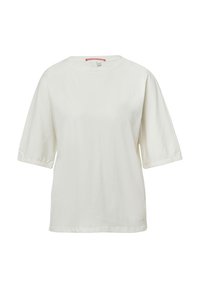 Biała bawełniana koszulka z krótkimi, podwiniętymi rękawami i okrągłym dekoltem. Posiada luźny krój oraz subtelny detal z logo na dolnym brzegu.