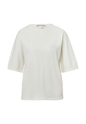 Weißes Baumwoll-T-Shirt mit kurzen, gerollten Ärmeln und rundem Ausschnitt. Hat eine entspannte Passform und ein dezentes Logo-Detail am Saum.