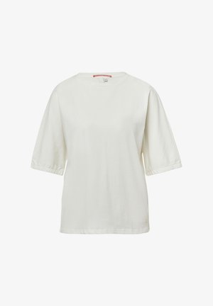 Weißes Baumwoll-T-Shirt mit kurzen, gerollten Ärmeln und rundem Ausschnitt. Hat eine entspannte Passform und ein dezentes Logo-Detail am Saum.