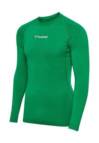 Langärmliges Sportshirt in leuchtendem Grün, aus glattem, dehnbarem Stoff. Mit Rundhalsausschnitt und Flachnaht-Stich. Logo auf der Brust.