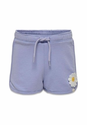Light purple elastic waist shorts with drawstring and white daisy embroidery on the left leg.