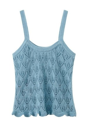 Haut sans manches en maille bleu clair avec de fines bretelles et un motif à feuilles ajourées répétées.