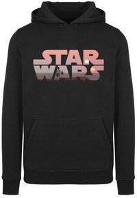 Felpa nera con cappuccio che presenta una grafica "STAR WARS" in rosa e viola, raffigurante un paesaggio con due soli. Include una tasca frontale e polsini a costine.