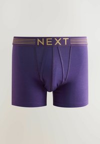 Lila Baumwoll-Boxershorts mit einem goldenen Bund, der "NEXT" und horizontale Streifen zeigt. Glatte Textur, mid-rise Design.