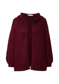 Cardigan lavorato a maglia bordeaux con cappuccio, apertura frontale e maniche lunghe. La texture è spessa con polsini e orlo a costine.