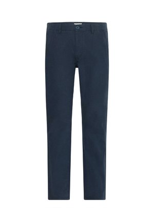 Marinfärgade chinos gjorda av bomullsblandat tyg, med knappstängning, raka ben och en slät textur utan mönster eller detaljer.