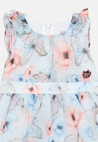 Φόρεμα γαλάζιο με floral και σχέδιο πεταλούδων. Διαθέτει βολάν στα μανίκια, λευκή φόδρα και διακοσμητικό στοιχείο  σε σχήμα καρδιάς στη μέση.