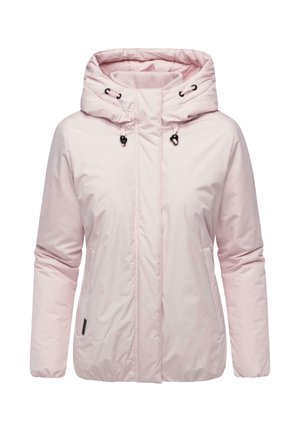 Light pink, water-resistant jacket with a hood, zippered front, adjustable drawstrings, and side pockets, featuring a smooth texture.